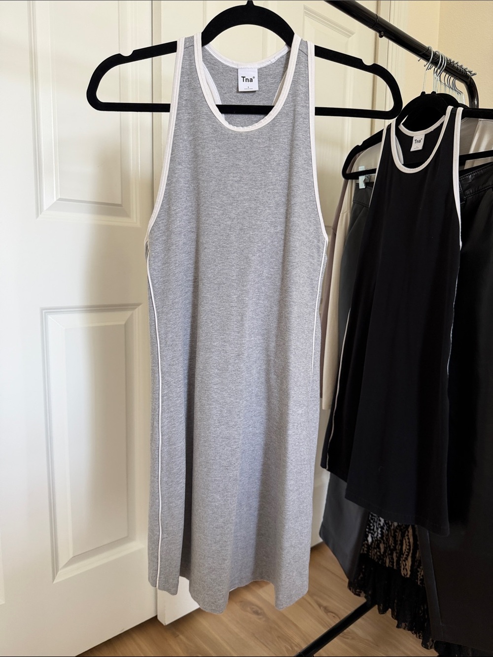 TNA Heather Gray Racerback Tank Dress with White Trim